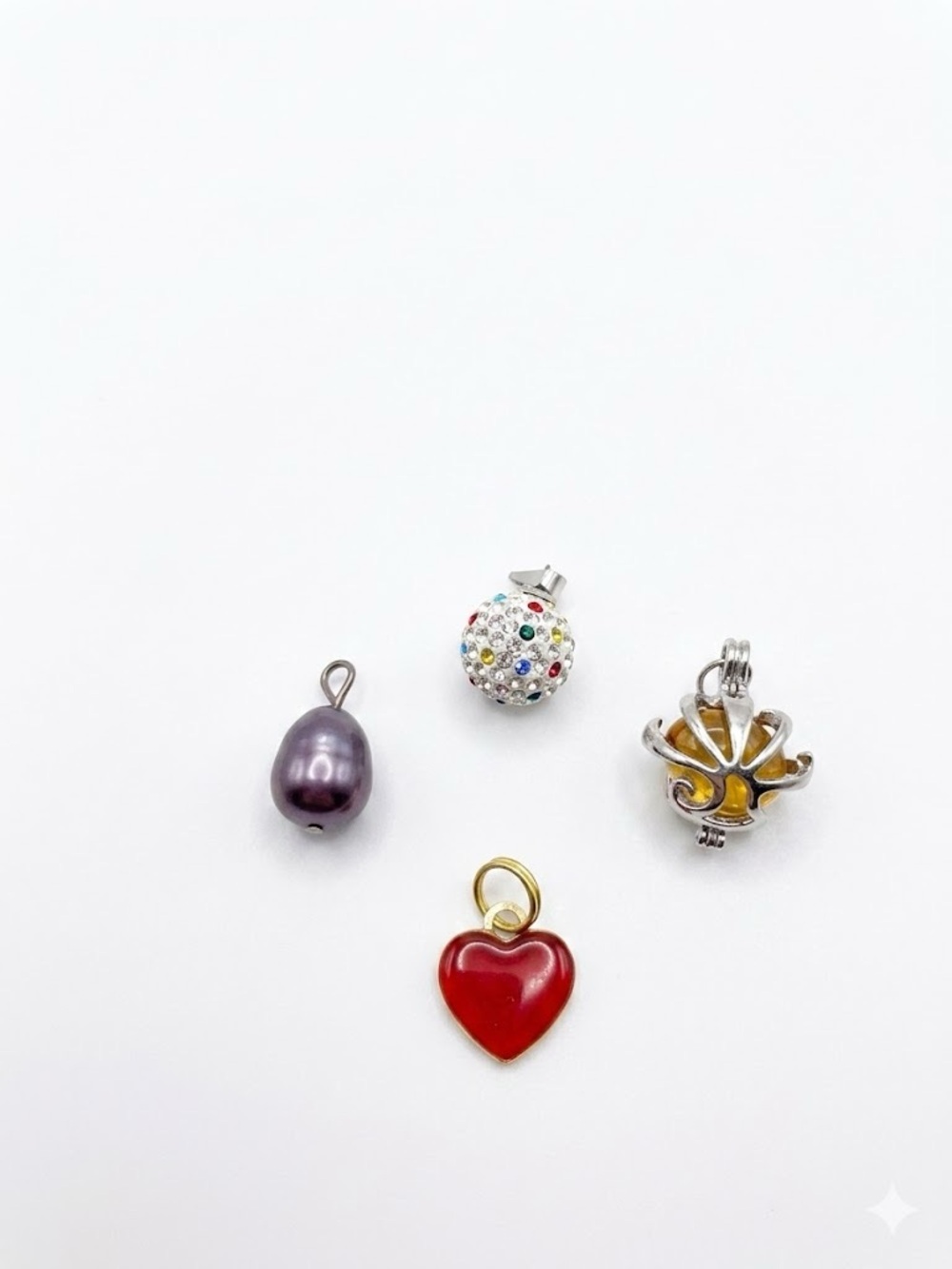 Lot of 4 pendants purple pearl red heart silver cage yellow glass multi ball